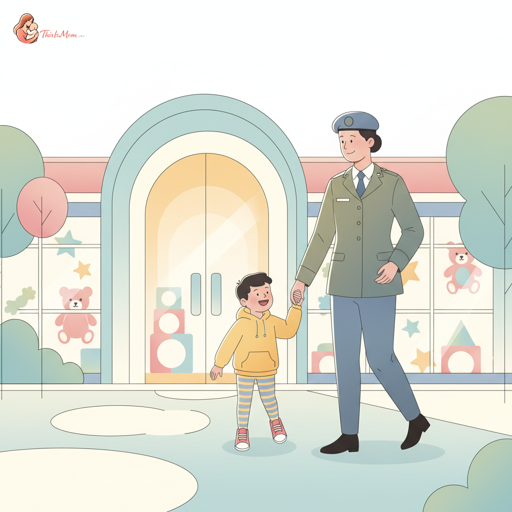 A military parent in uniform smiling, holding a young child's hand, walking into a modern daycare facility. The sun is shining, conveying hope and support.