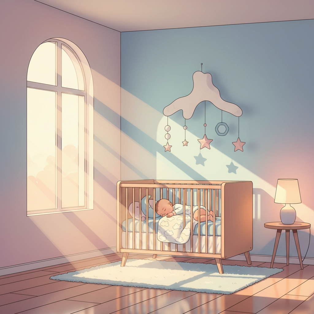 Baby in crib during early morning sunlight.
