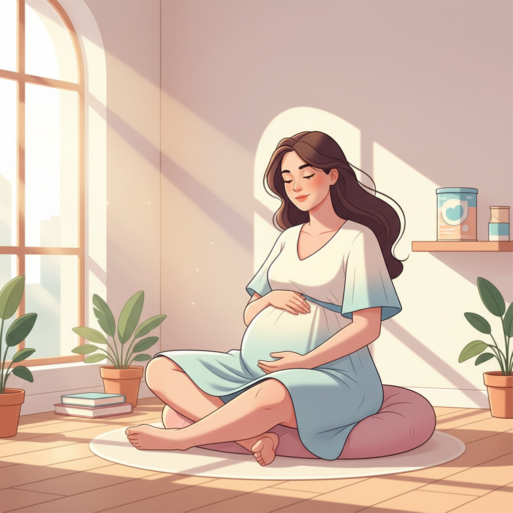 A pregnant person gently cradling their baby bump, looking serene and hopeful, with soft, diffuse lighting creating a calm atmosphere. A small, unopened can of baby formula is subtly visible in the background, out of focus.