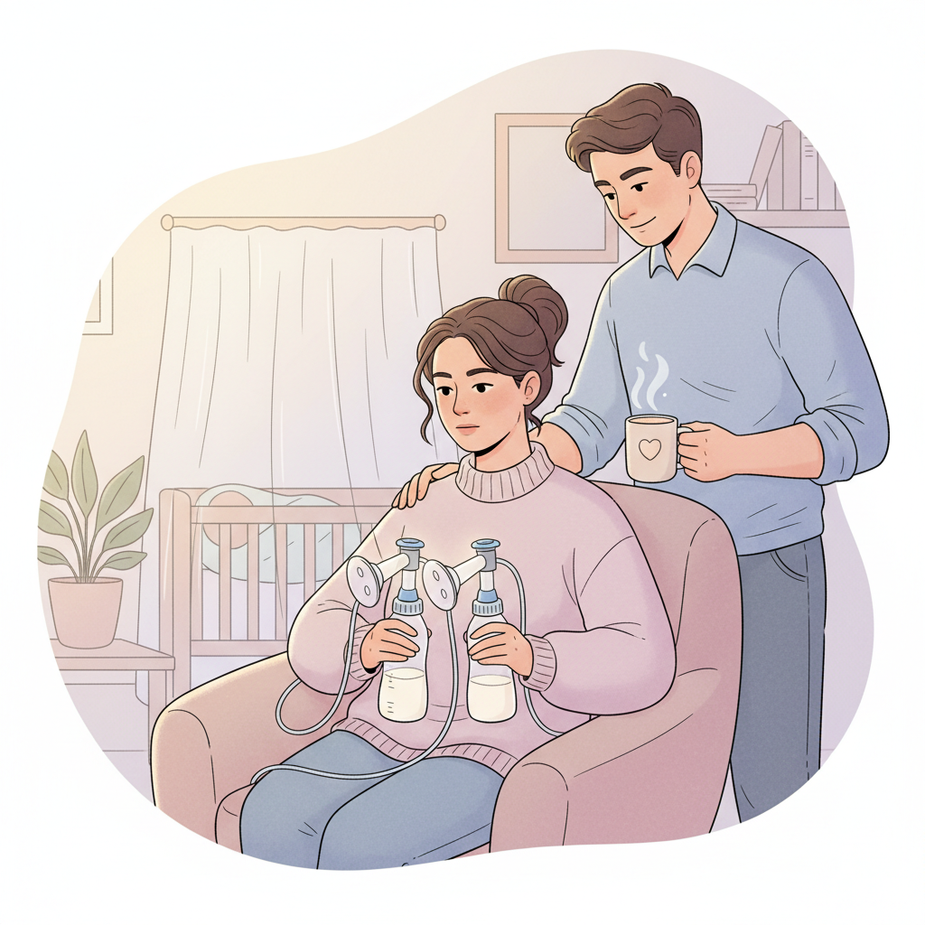 Exhausted parent hooked up to a breast pump in a dimly lit, cozy nursery, with their partner gently placing a hand on their shoulder in support.