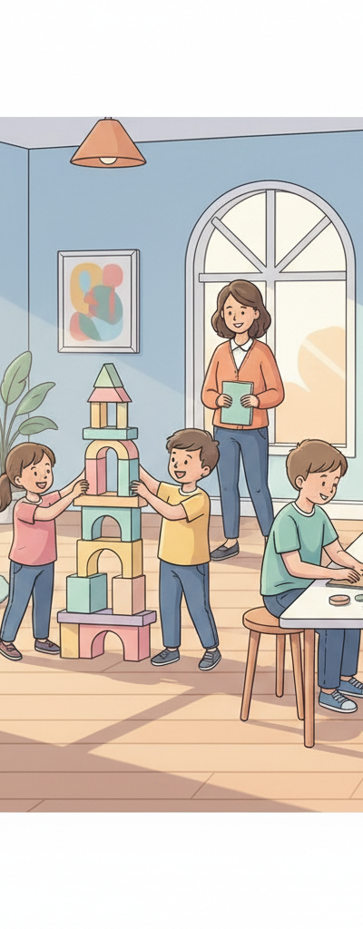 A diverse group of happy children engaged in various activities in a brightly lit, supervised after-school program, while a digital overlay highlights the text 'Dependent Care FSA.'