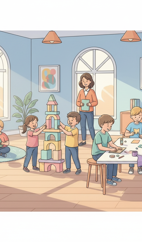 A diverse group of happy children engaged in various activities in a brightly lit, supervised after-school program, while a digital overlay highlights the text 'Dependent Care FSA.'