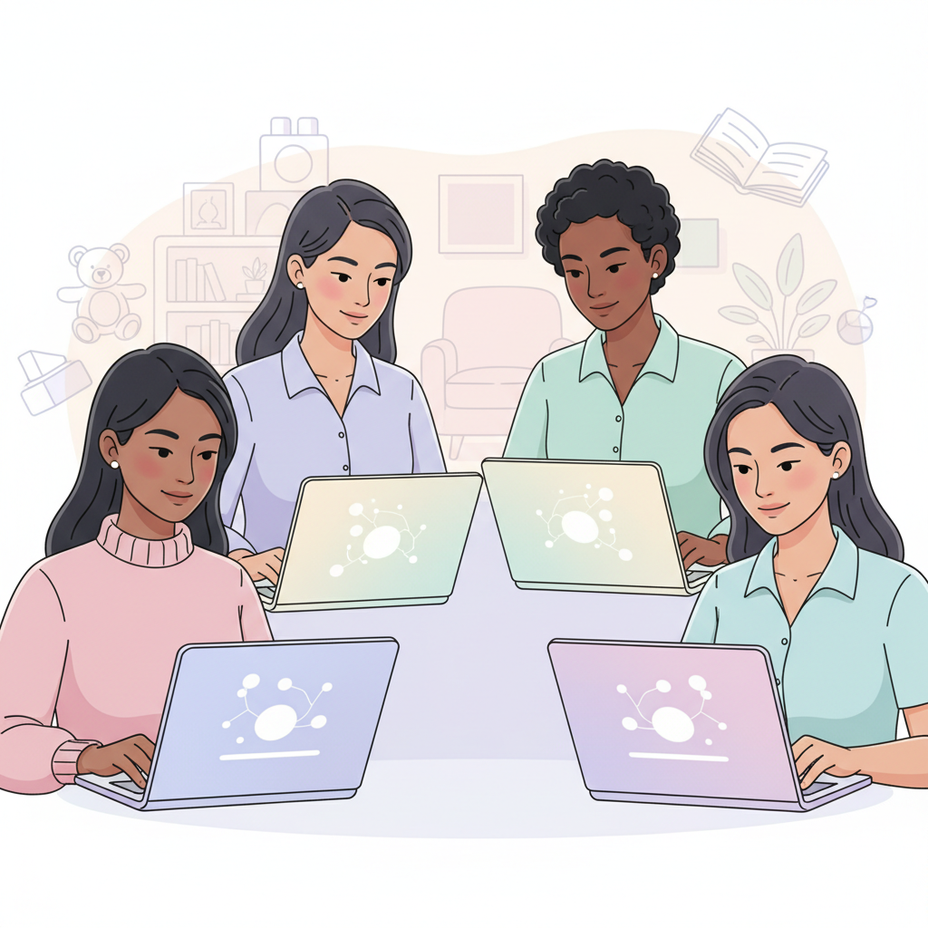 A diverse group of nannies attending an online childcare certification class on laptops, with a subtle overlay of abstract childcare icons.