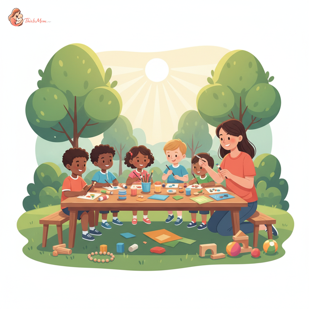 A diverse group of happy 5-year-old children engaged in a fun summer camp activity, supervised by an adult, with colorful art supplies and games visible in a bright outdoor setting.