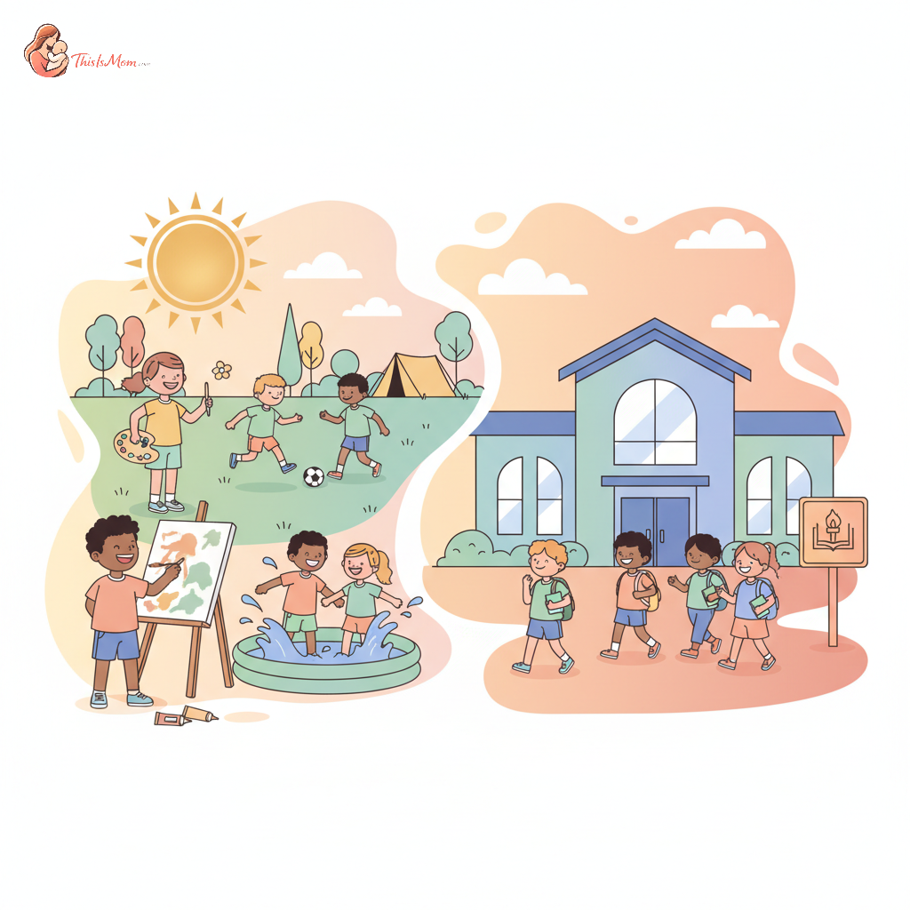 A diverse group of happy children actively participating in various summer camp activities under bright sunshine, while in the background, a school building with children leaving for an after-school program, symbolizing both summer and year-round care covered by DCFSA.
