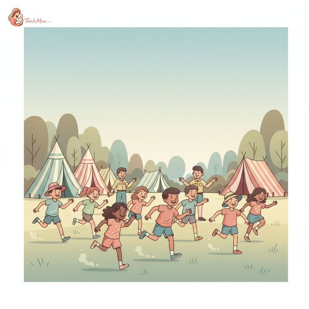 Happy child running through a sunlit summer camp field, surrounded by other children and counselors, with tents and trees in the background, symbolizing affordable summer care.
