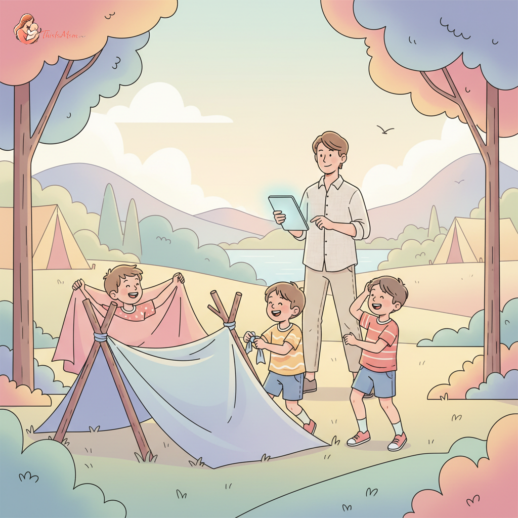 A diverse group of happy children actively participating in outdoor summer camp activities, with parents waving goodbye in the background, symbolizing financial relief and organization.