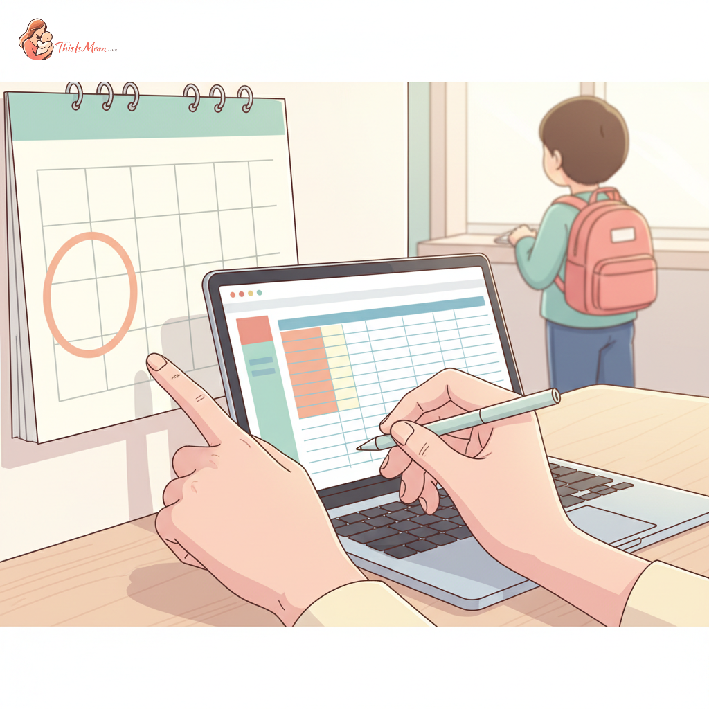 Parent looking at a calendar, child with a backpack in the background, representing the transition to kindergarten and financial planning.