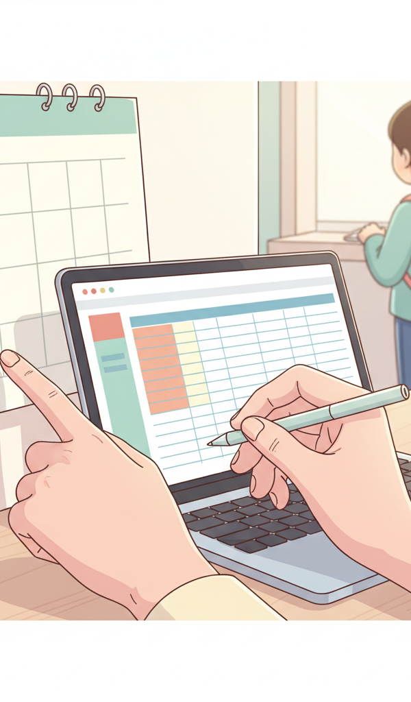 Parent looking at a calendar, child with a backpack in the background, representing the transition to kindergarten and financial planning.
