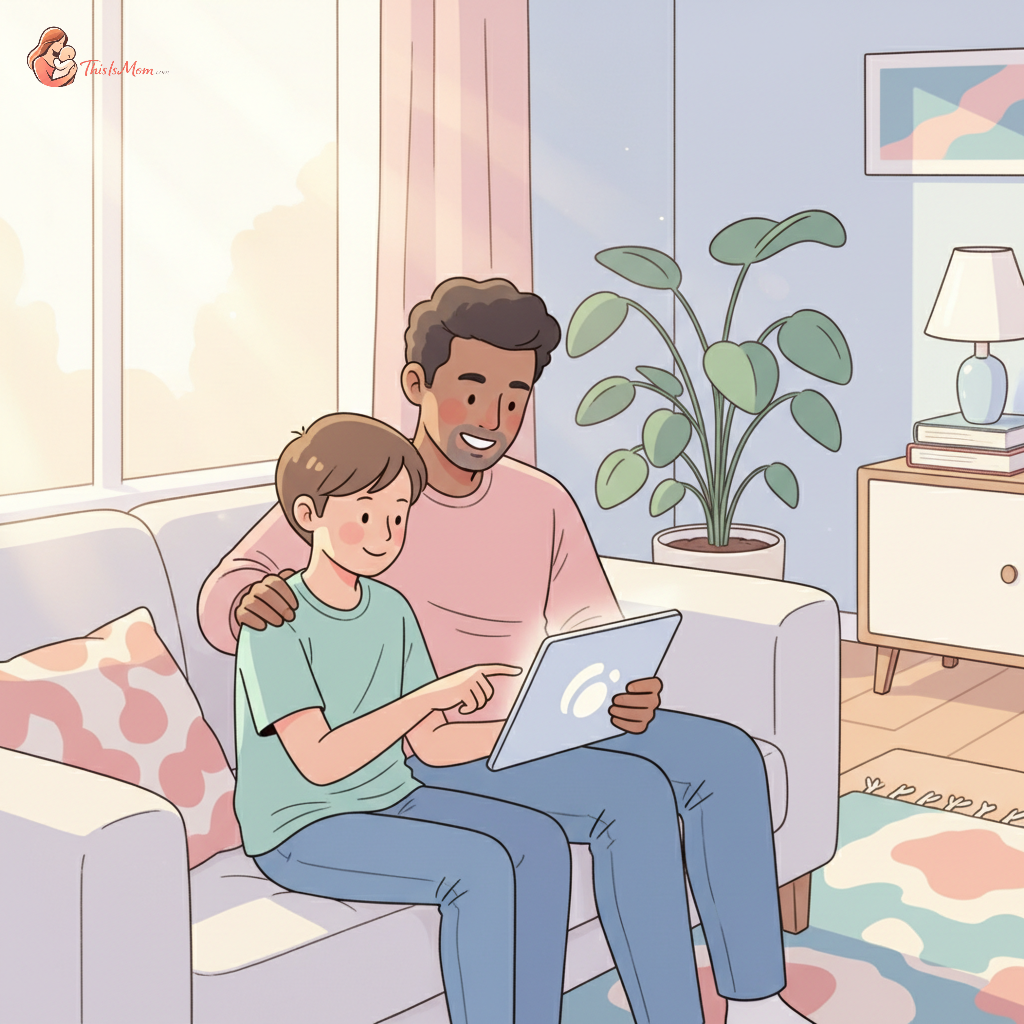 A parent and child looking at a tablet together, with a blurred background showing icons representing online safety and communication