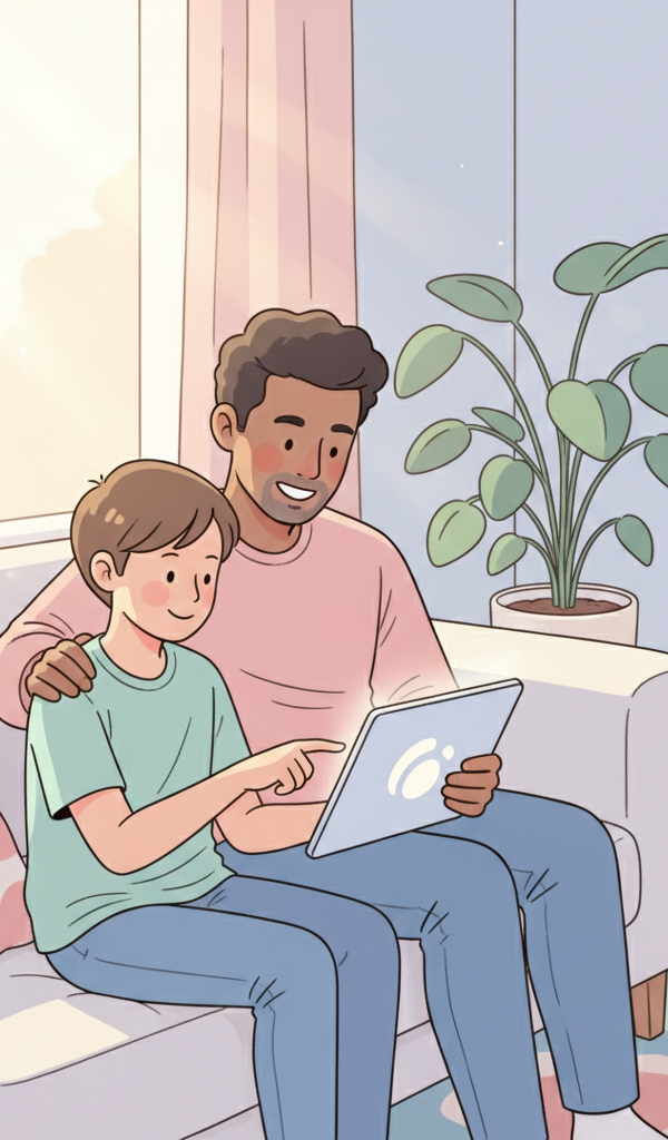 A parent and child looking at a tablet together, with a blurred background showing icons representing online safety and communication