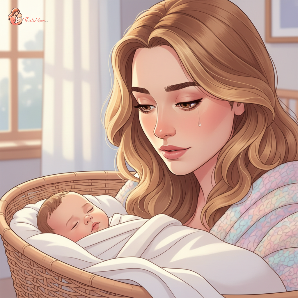 A new mother with a thoughtful, slightly concerned expression, looking at her sleeping baby in a bassinet in a softly lit room at dawn.