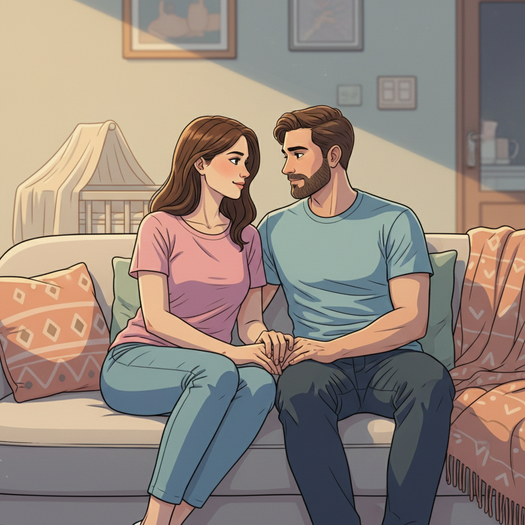 A couple sitting on a sofa, looking at each other with gentle expressions, a baby bassinet visible in the soft background. They are holding hands, conveying connection and understanding.