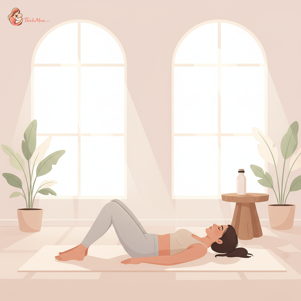A new mother, dressed in comfortable athleisure wear, gently performs a pelvic tilt exercise on a yoga mat in a brightly lit room. Her focus is serene and determined.