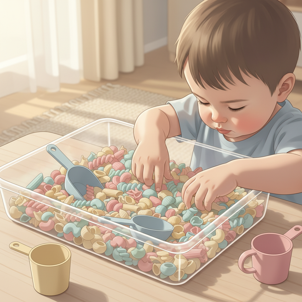Close-up of an 18-month-old's hands playing in a sensory bin filled with colorful dry pasta shapes and small scoops, demonstrating tactile exploration and fine motor skills. A parent's hand gently guides near a toy.
