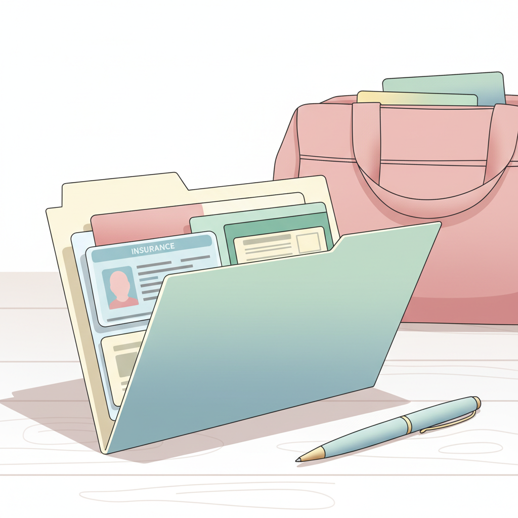 Close-up of a neatly organized folder containing various documents like an insurance card, ID, and a birth plan, with a hospital bag faintly blurred in the background.