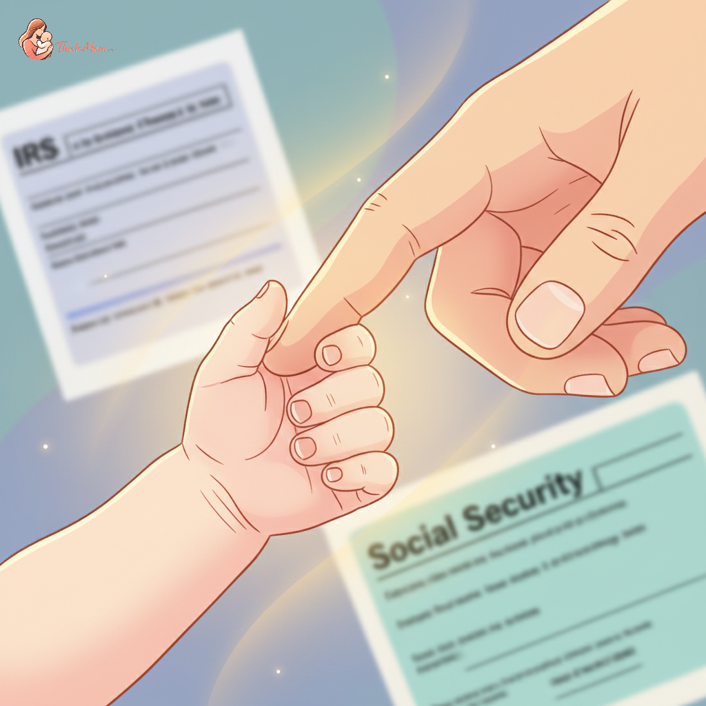Close-up of a baby's hand gently grasping an adult's finger, with a blurred tax form and a Social Security card in the background, symbolizing financial planning for a new child.