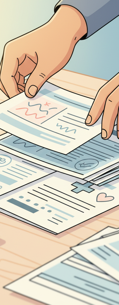 Close-up of hands holding various official documents like a birth certificate, school record, and utility bill, with a calculator and tax forms blurred in the background