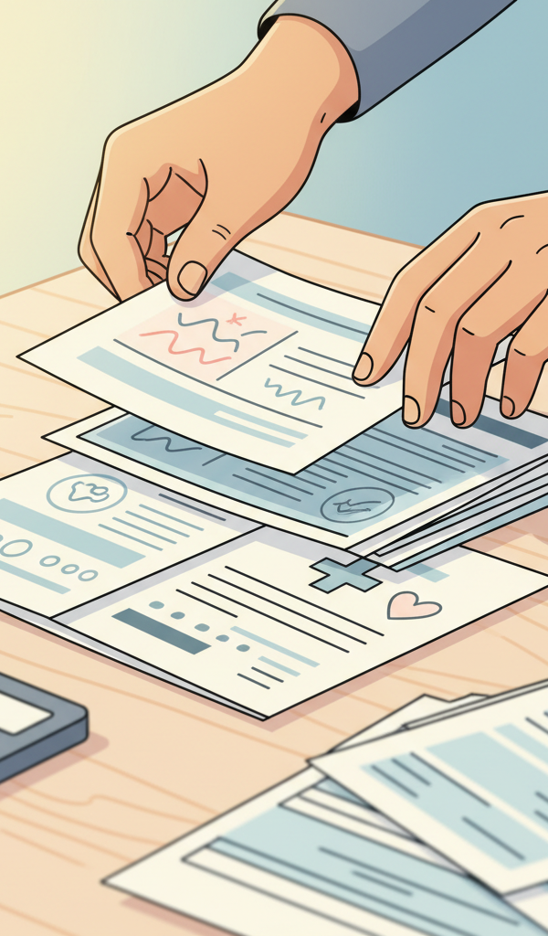 Close-up of hands holding various official documents like a birth certificate, school record, and utility bill, with a calculator and tax forms blurred in the background