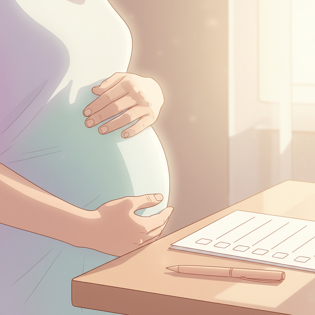 A close-up of a pregnant woman's hands gently resting on her baby bump, with a pen and a checklist of hospital pre-registration documents visible on a table beside her bedside. The setting is calm and organized.