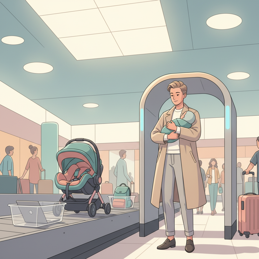 A parent navigating an airport security checkpoint with a folded Doona car seat stroller.