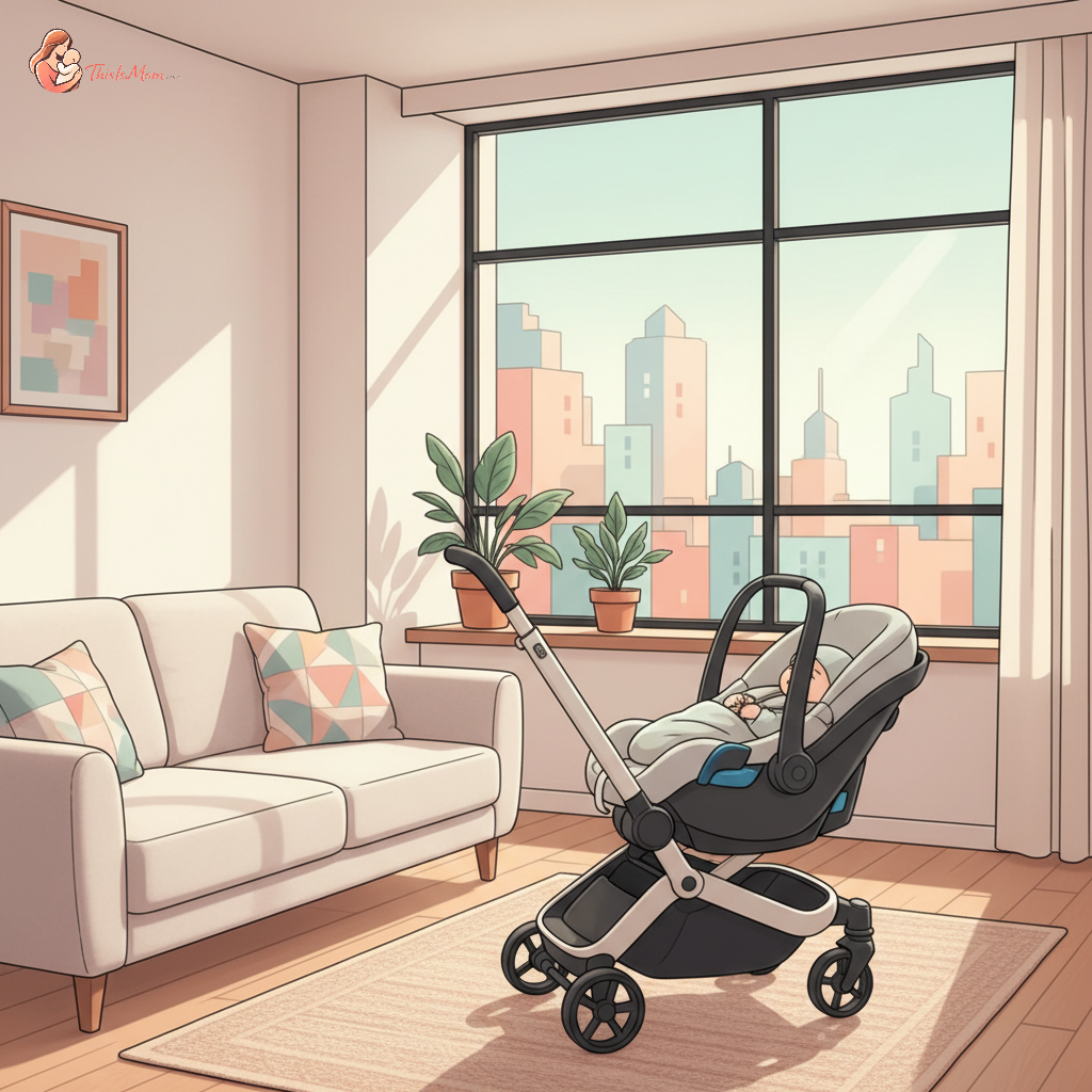 Doona car seat stroller unfolded in a minimalist, modern small apartment living area, sunlight streaming through a window, signifying urban living convenience.
