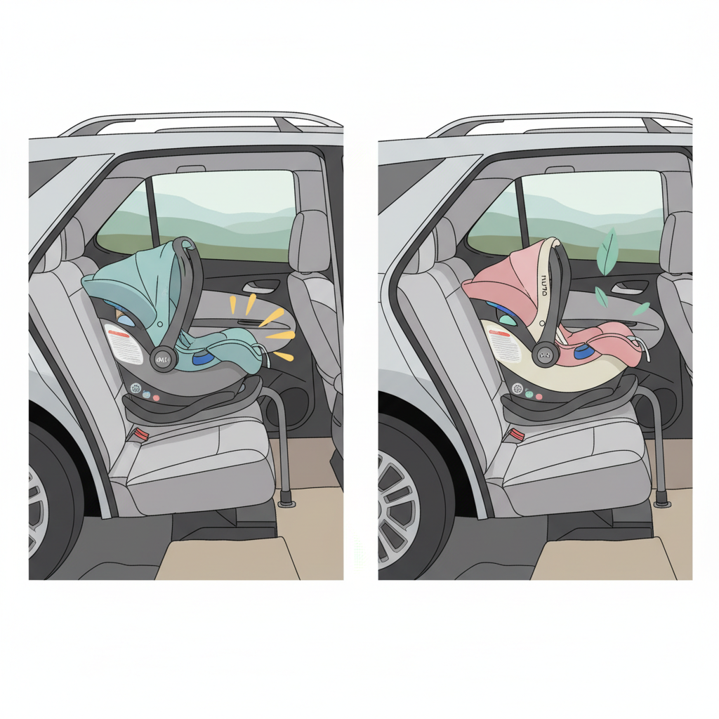 Side-by-side comparison of a Doona infant car seat and a Nuna Pipa infant car seat in the backseat of a Chevy Equinox, illustrating space differences.