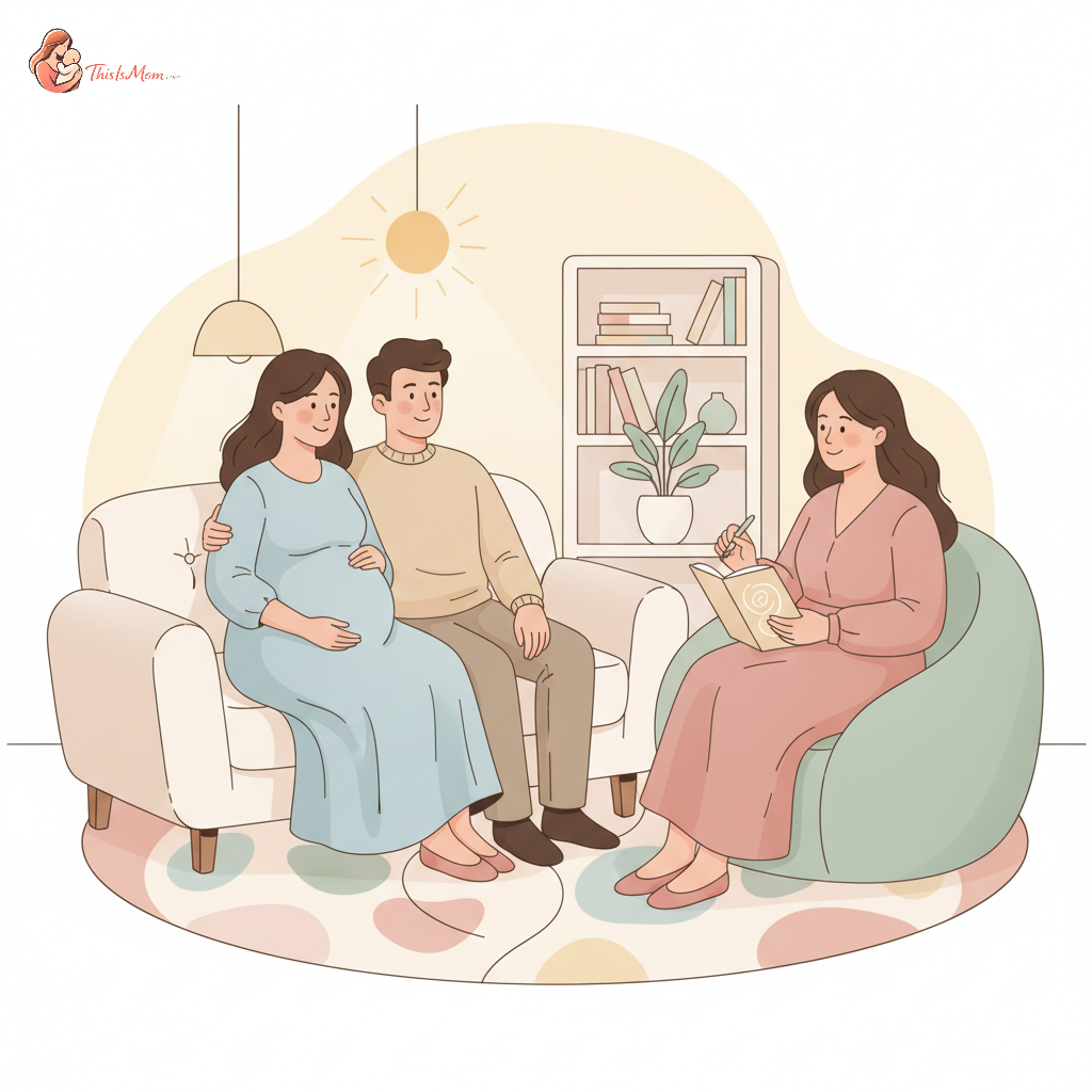 A pregnant woman and her partner sitting comfortably on a couch, attentively talking with a friendly doula who is holding a notebook, creating a warm, supportive atmosphere.