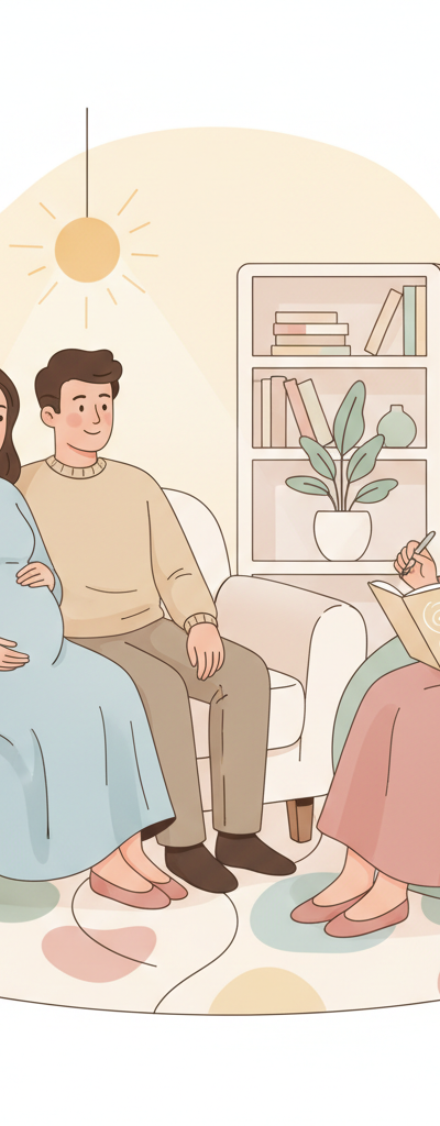 A pregnant woman and her partner sitting comfortably on a couch, attentively talking with a friendly doula who is holding a notebook, creating a warm, supportive atmosphere.