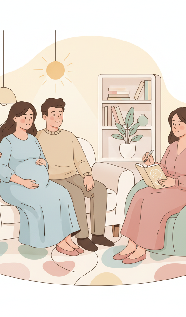 A pregnant woman and her partner sitting comfortably on a couch, attentively talking with a friendly doula who is holding a notebook, creating a warm, supportive atmosphere.