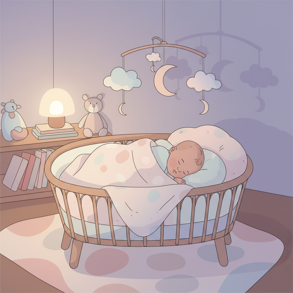 A baby peacefully sleeping in a crib with soft, warm lighting