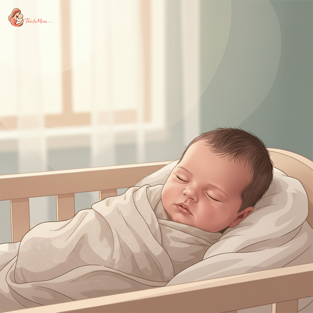 Newborn baby sleeping peacefully in a simple, light-colored crib, perhaps with a soft blanket or swaddle. The baby's eyes are closed or heavy-lidded, indicating drowsiness.