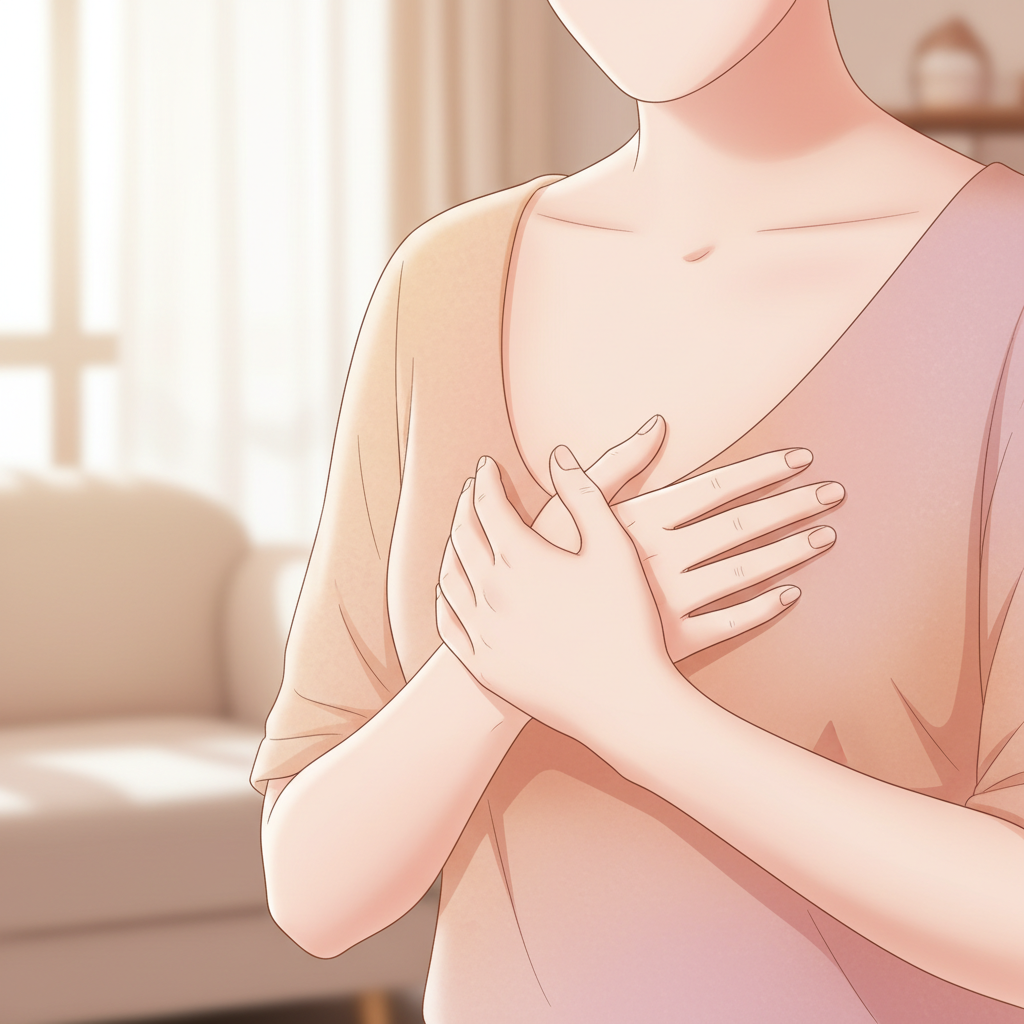 A serene close-up of a postpartum mother's chest, with one hand gently resting over her breast as if in contemplation or comfort. The lighting is soft and warm, highlighting the skin gently, conveying a sense of peace and natural transition.