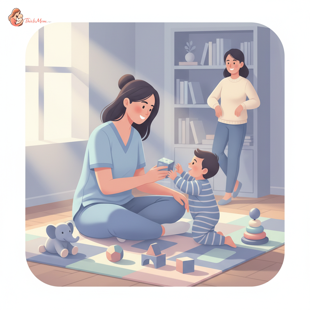 A diverse group of parents and children interacting with early intervention specialists in a warm, welcoming setting, perhaps with colorful toys and gentle lighting.