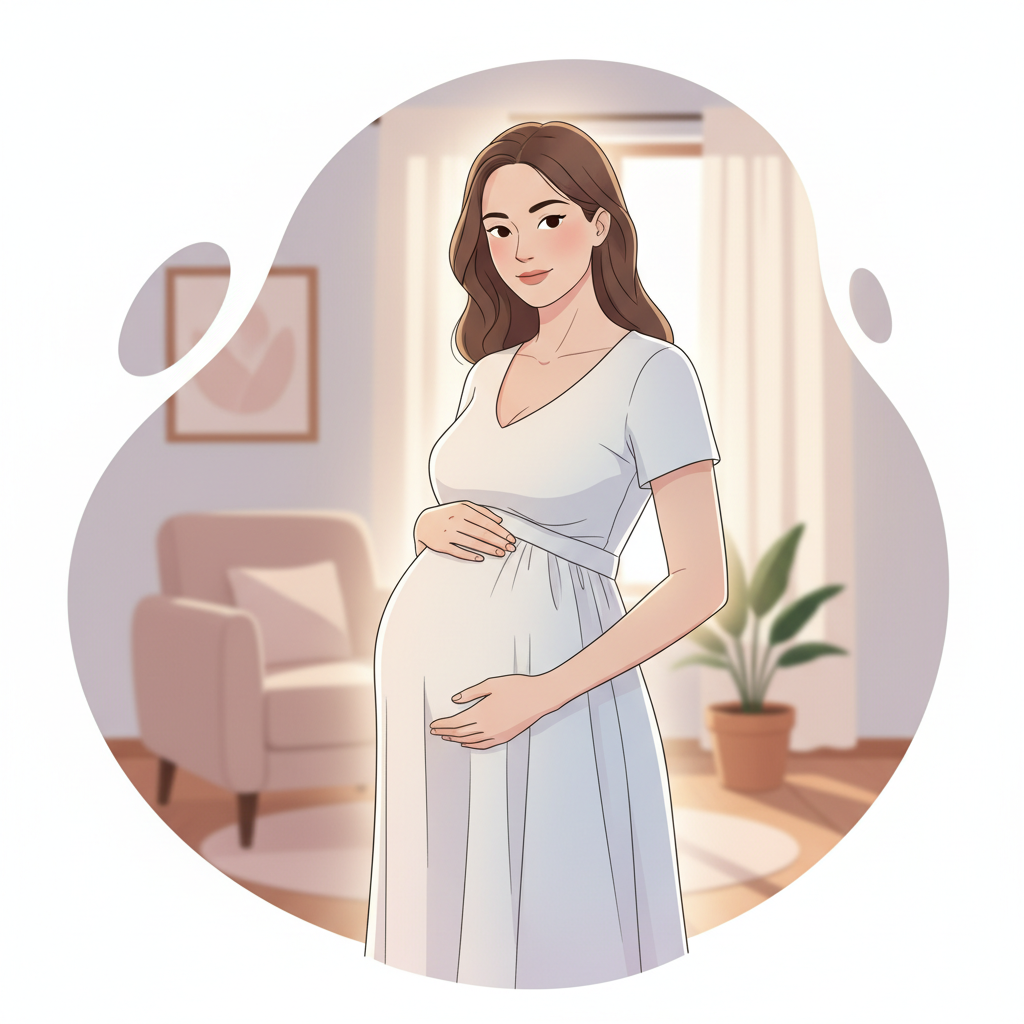 A pregnant woman in her third trimester gently touching her baby bump, looking serene and perhaps a little tired but hopeful. The setting is soft and warm, possibly a cozy nursery or bedroom.