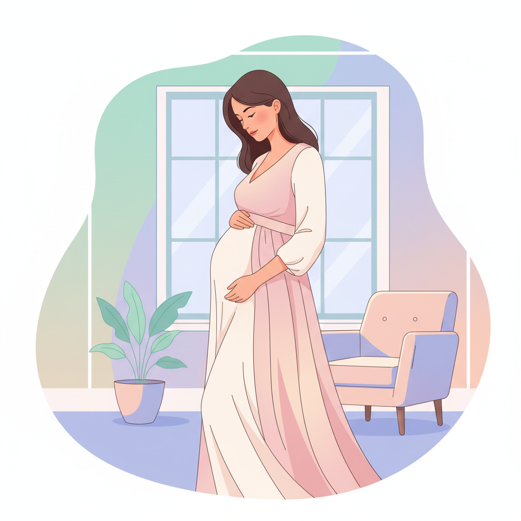 Pregnant woman holding her belly with a concerned yet thoughtful expression, soft natural light