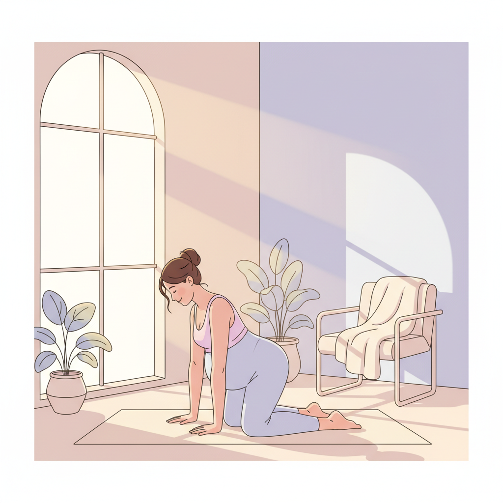 Pregnant woman gently stretching her lower back on a yoga mat, surrounded by soft lighting, illustrating relief from early pregnancy back pain.