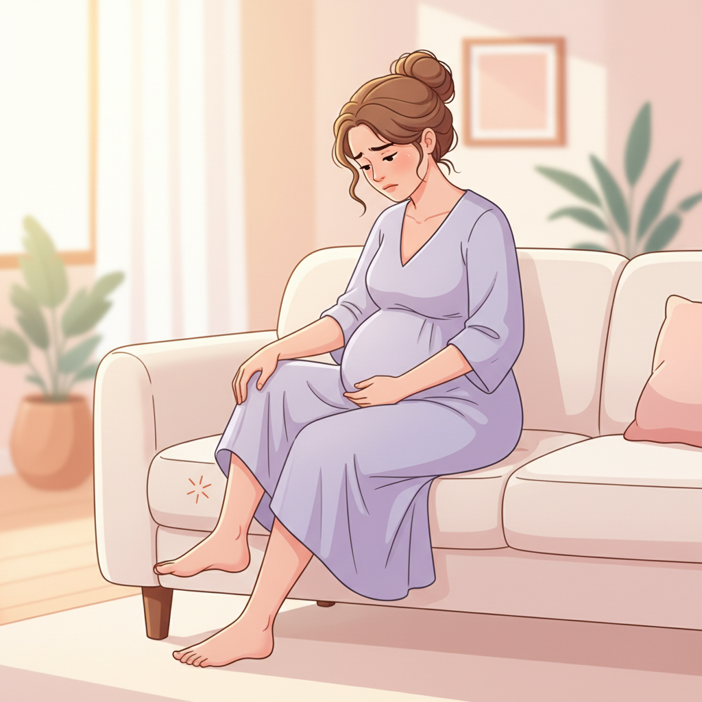 Pregnant woman gently scratching her arm or leg, looking concerned, representing the uncomfortable itching associated with cholestasis.