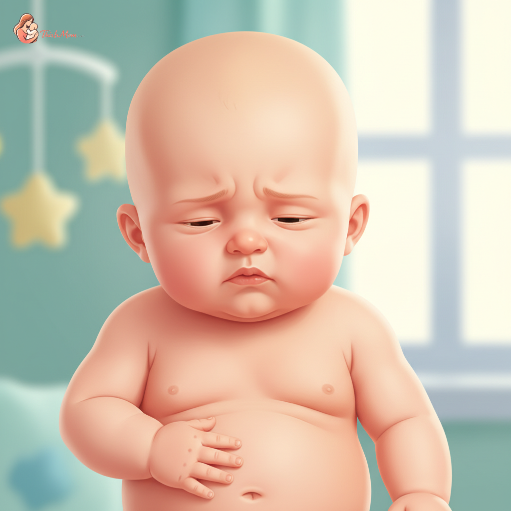 A distressed 2-month-old baby with a worried expression, perhaps with a slightly bloated tummy, being comforted by a parent's hand.