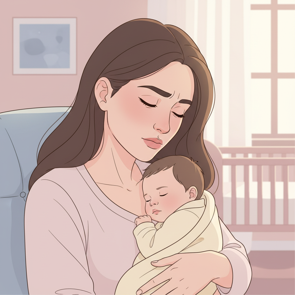 A tired new mother, illuminated by a warm, soft light, gently holding a sleeping baby close to her chest, with a subtle look of concern on her face as she appears to be experiencing a mild headache.