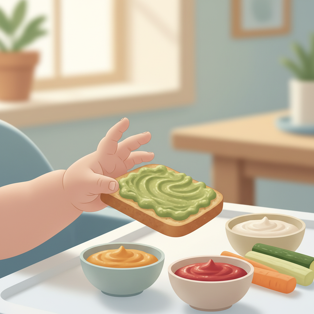 A baby's hand reaching for a piece of toast dipped in a vibrant green avocado and pea dip, with other colorful vegetable sticks and small bowls of pureed sauces on a high chair tray, all in soft focus.