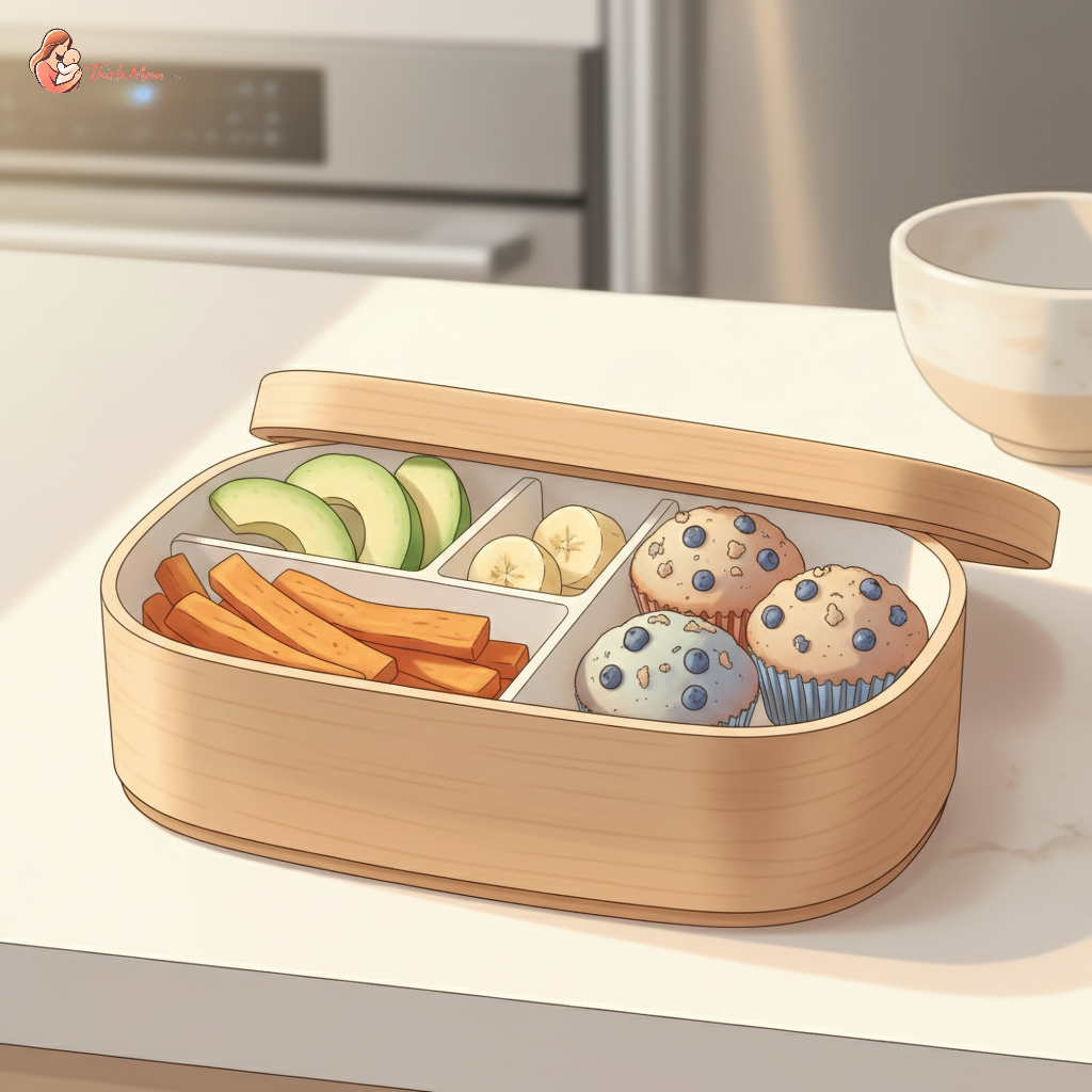 A baby-led weaning-friendly snack box filled with colorful, pre-cut fruits and vegetables, mini muffins, and cheese sticks, neatly organized for daycare.