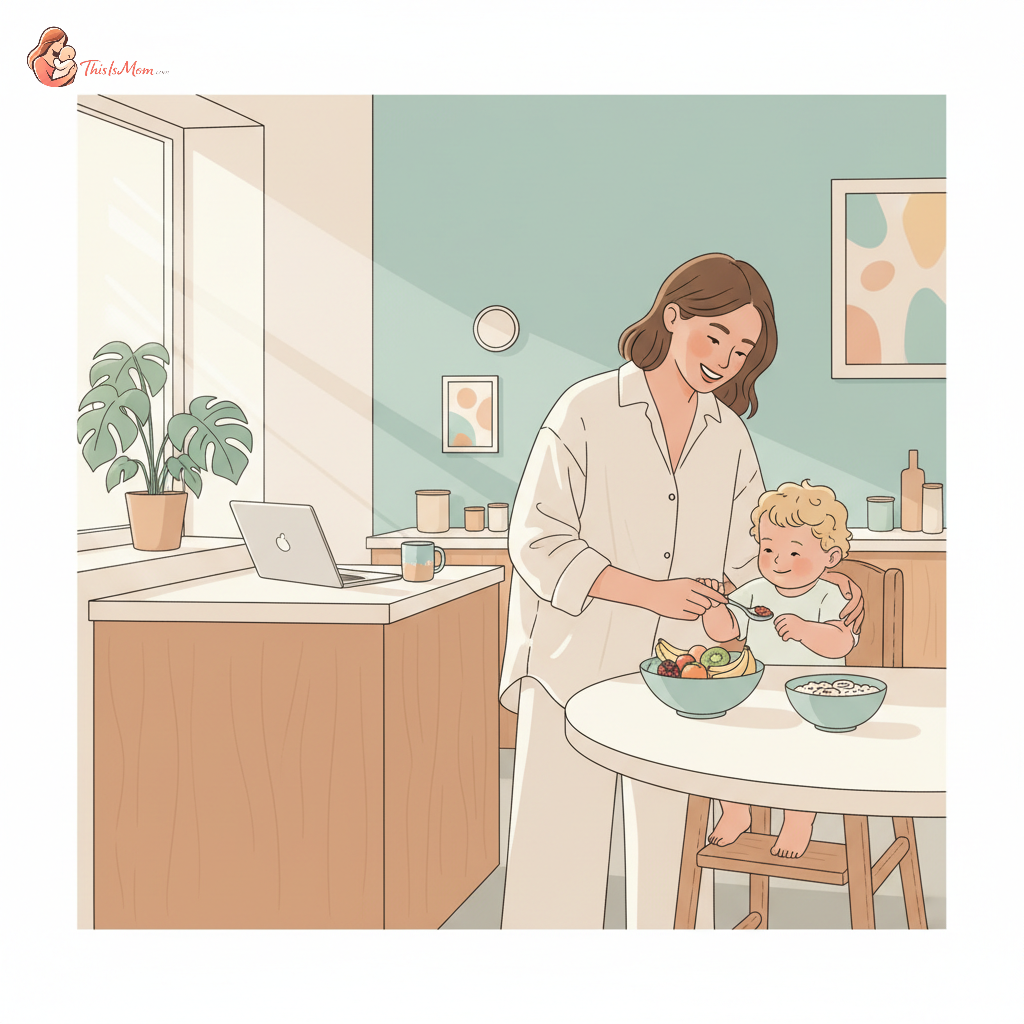 A busy mom smiling while her toddler eats an easy breakfast at the kitchen counter, with a laptop open nearby, suggesting a work-from-home setting.