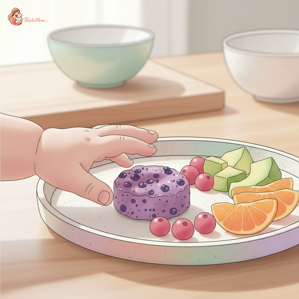 A toddler happily eating a small, colorful, iron-rich snack, perhaps a mini meatball or a fruit bite, with a parent's hand gently guiding nearby.