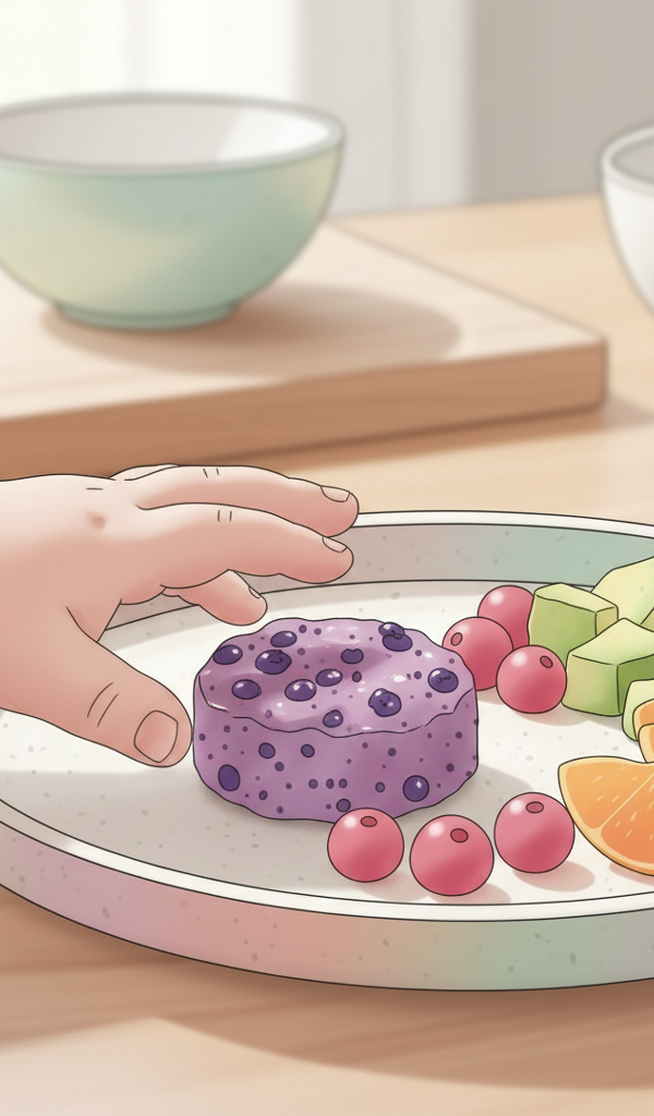 A toddler happily eating a small, colorful, iron-rich snack, perhaps a mini meatball or a fruit bite, with a parent's hand gently guiding nearby.