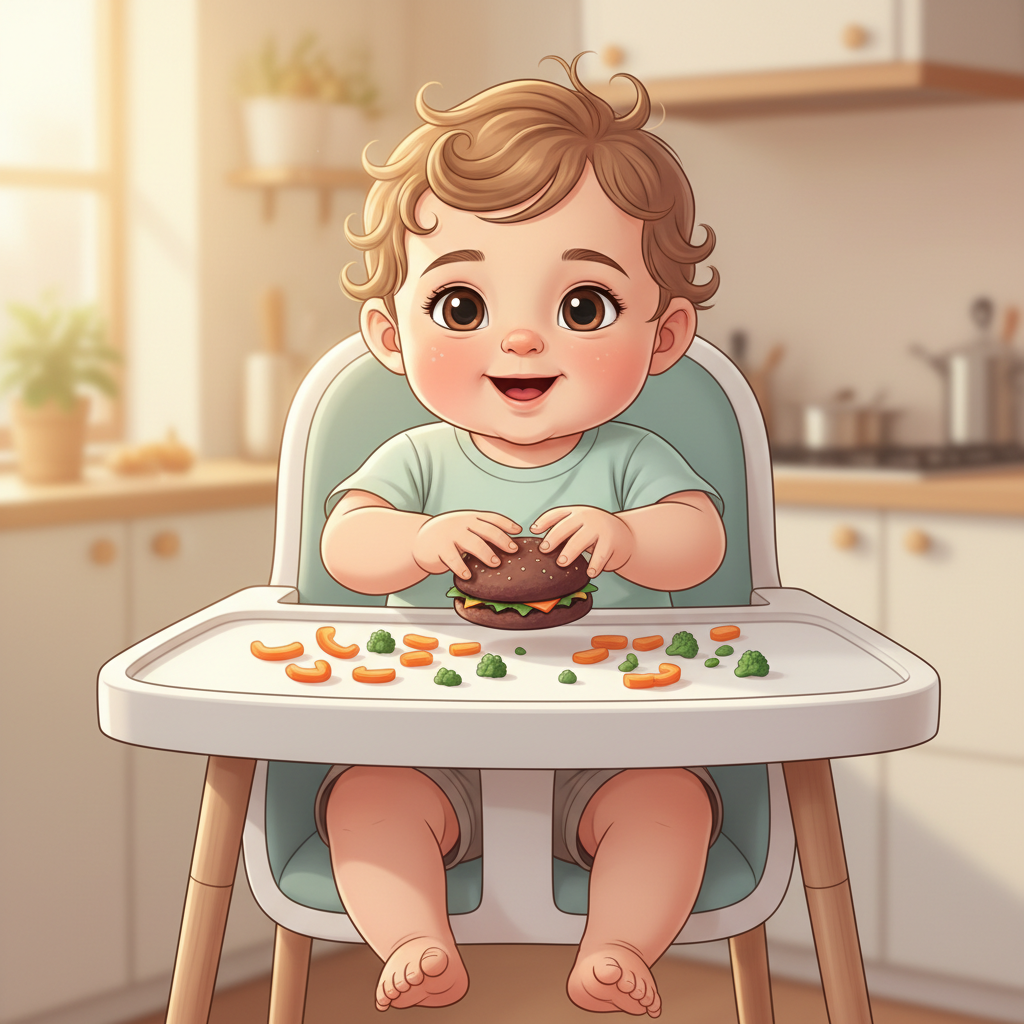 A happy 1-year-old baby sitting in a high chair, successfully self-feeding a small portion of a mini black bean burger, with colorful vegetables like bell peppers and broccoli on the tray. Soft, natural lighting.
