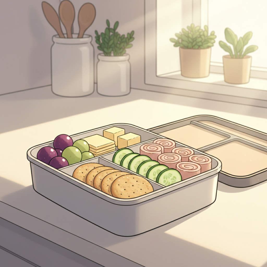 A colorful bento-style lunchbox filled with various easy toddler lunch ideas like fruit, crackers, cheese sticks, and veggie slices, ready for daycare without needing refrigeration.