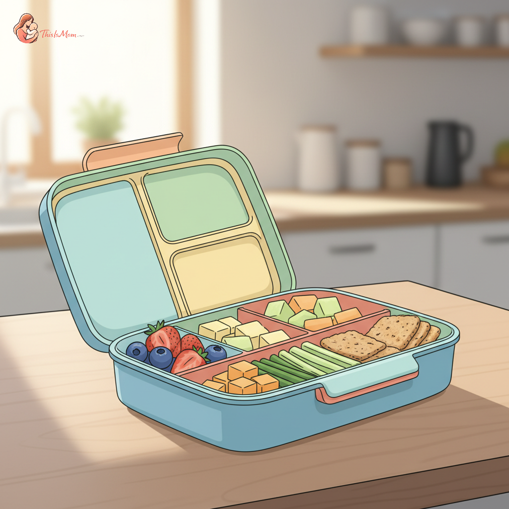 An open bento-style lunchbox filled with colorful, healthy no-cook toddler lunch items like berries, cheese cubes, cucumber sticks, and whole-grain crackers, on a kitchen counter.