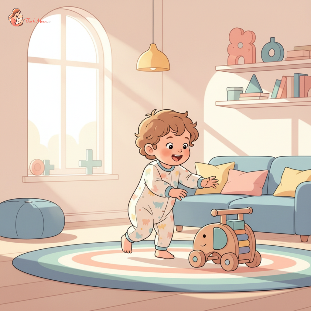 An 18-month-old toddler, with a joyful expression, taking a few independent steps towards a bright red push toy, in a brightly lit, child-safe living room.