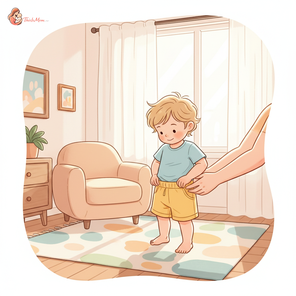 A happy two-year-old child excitedly pulling up colorful elastic-waisted shorts, with a parent’s hands gently guiding from behind, in a brightly lit room